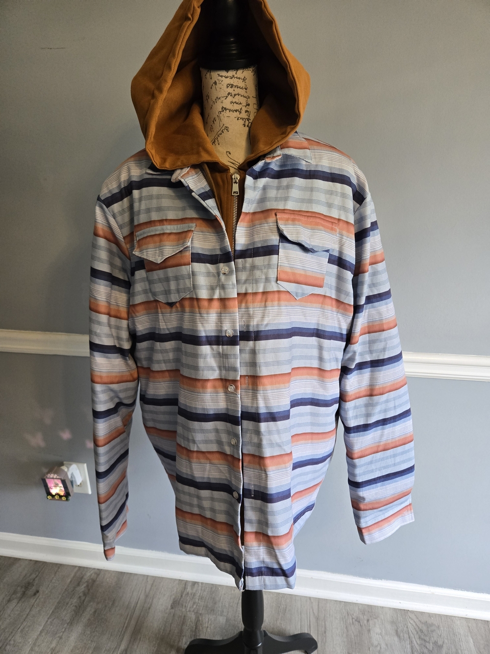 Striped Button-Up Hoodie Jacket in Blue and Coral XXL